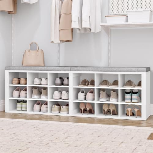 Hzuaneri Shoe Storage Bench with Cushion, 18 Cubbies (59 in)