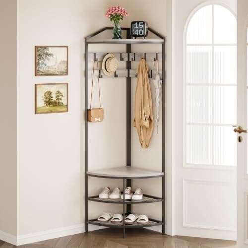 GiftGo Corner Hall Tree with Shoe Bench and 10 Movable Hooks