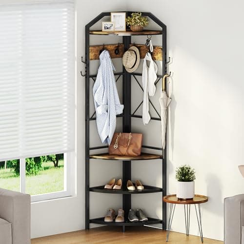 LTTROMAT Corner Coat Rack with Shoe Rack and 8 Hooks
