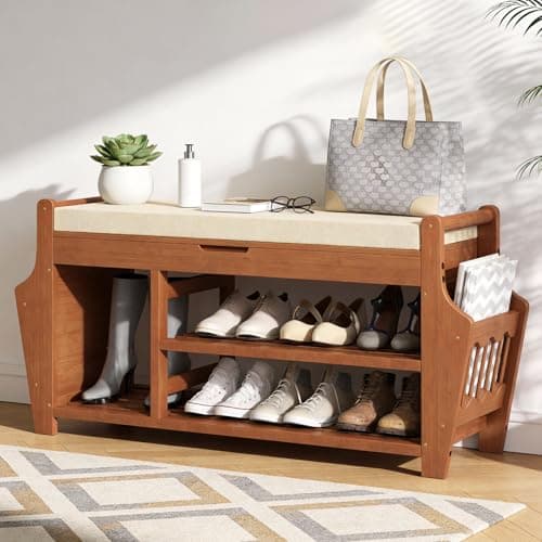 oakvivo 3-Tier Bamboo Entryway Bench with Cushion and Side Holders