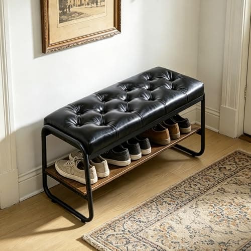 Forteek 32-Inch Tufted Faux-Leather Shoe Bench