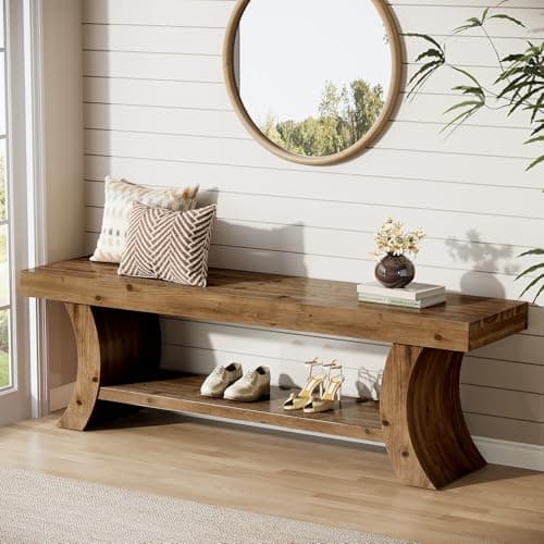TRIBEWOOD Solid Wood Entryway Bench with Curved Legs, 55 in (DANEB-230)