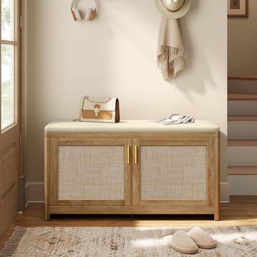VASAGLE Boho Shoe Bench with 2 Rattan-Look Cabinet Doors (ULSB501)