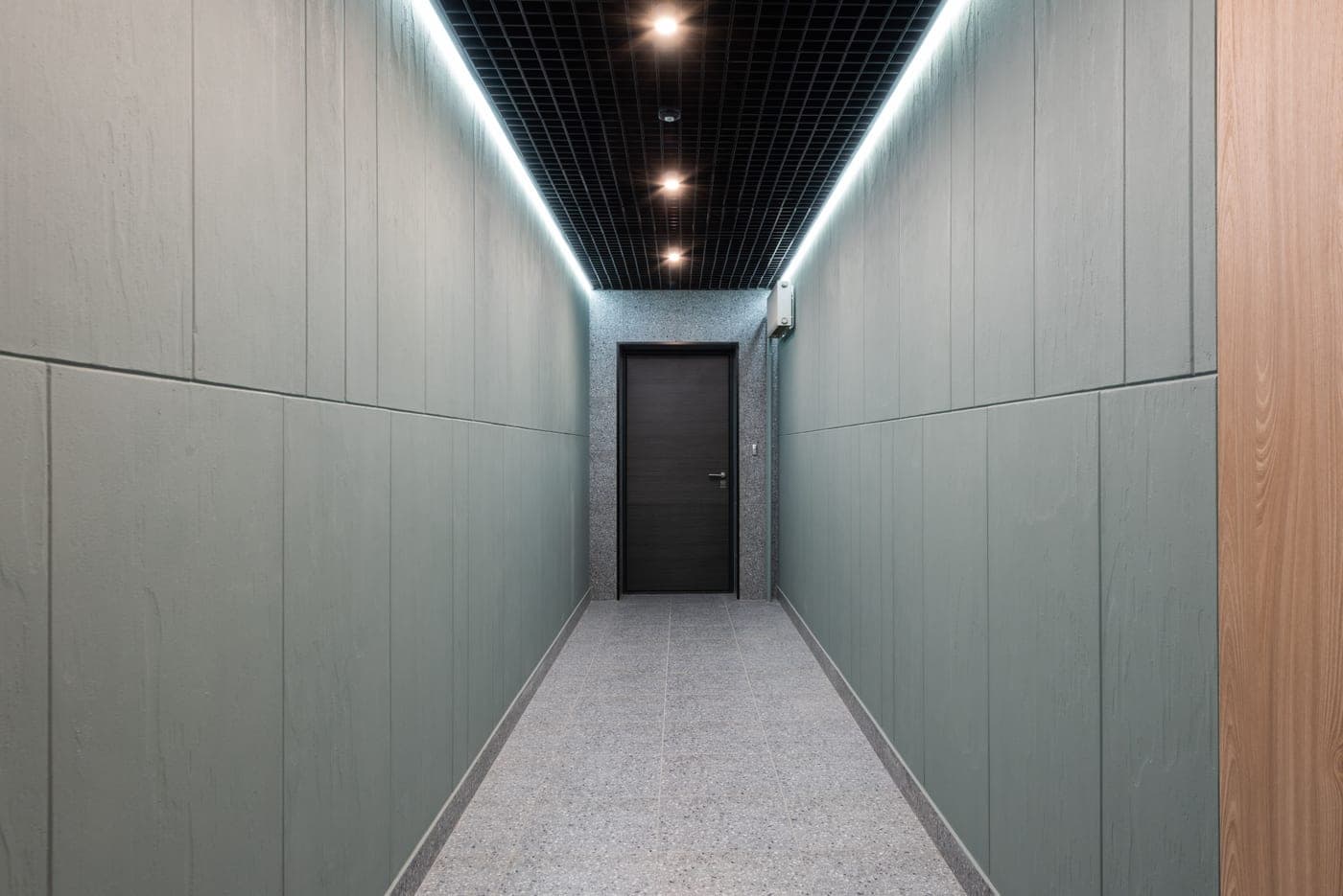 A long narrow apartment corridor with plain walls