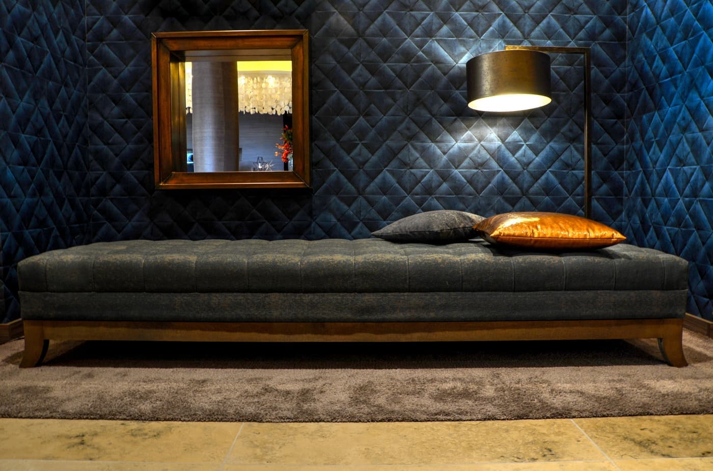 Close-up of upholstered cushion fabric on a bench seat