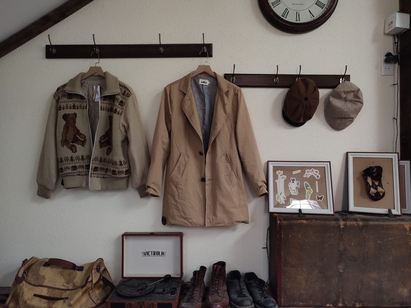 Coats and hats hanging in a cozy interior
