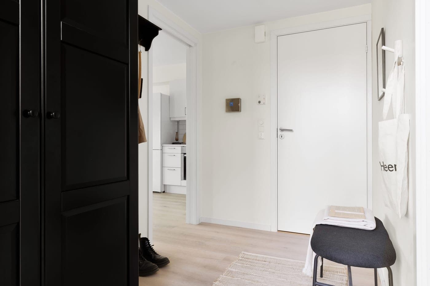 A minimal hallway interior with a plain door and pale walls