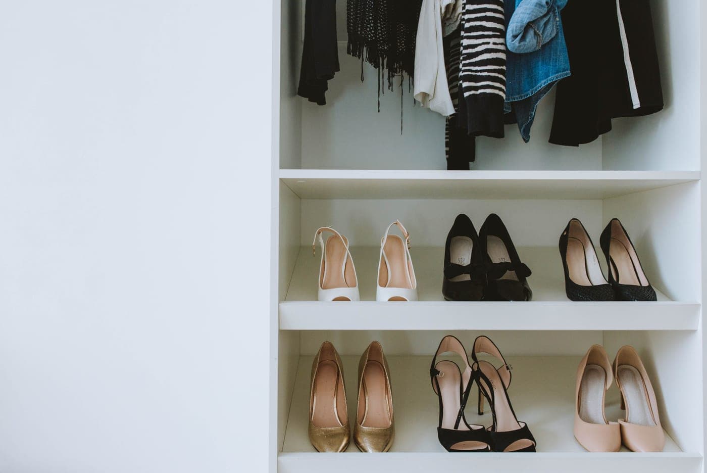 Shoes and clothing arranged on the shelves of a neatly organized closet
